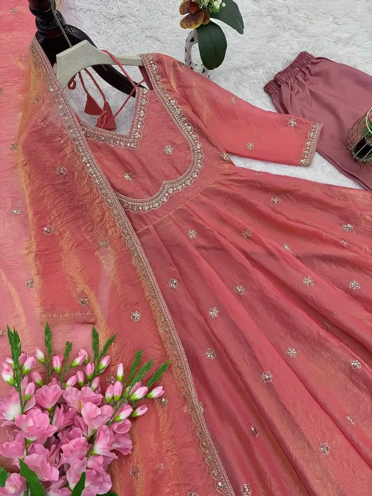 Lifgt Pink Heavy Fandy Silk Designer Party Wear Gown